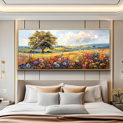 hyidecorart Large Framed Wall Art, Spring Landscape Wall Art, Nature Tree Wildflower Artwork, Colorful Scenery Rustic Painting Canvas Prints, Farmhouse Wall Decor Living Room Bedroom Picture 32x72 In