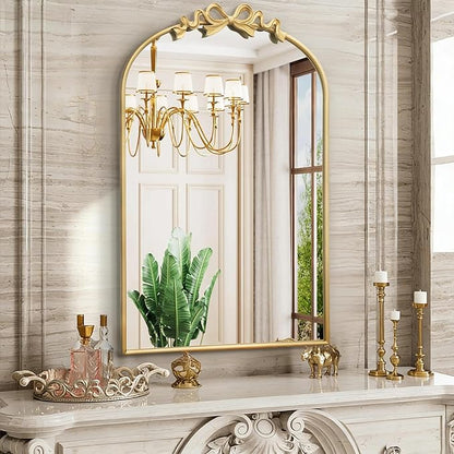 Besdomus Vintage Arched Gold Mirror: 24"x36" Large Gold Antique Bow Wall Mounted Mirror - Baroque Traditional Ornate for Entryway/Fireplace/Bathroom/Hallway - Wall Decor for Housewife