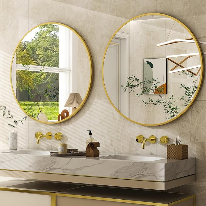 30 Inch Round Bathroom Mirror - Gold Wall Mounted Circle Mirror with Metal Frame, Modern Round Hanging Mirror Suitable for Bathroom, Vanity, Entryway, Living Room