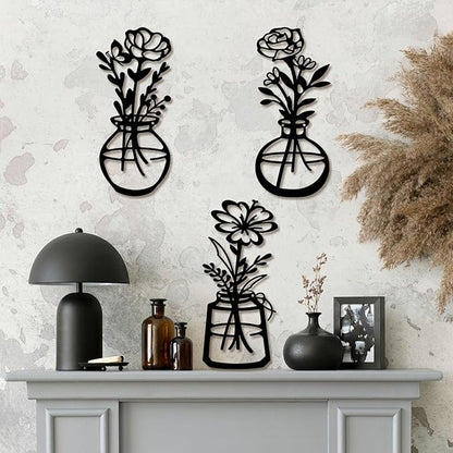 ARTINME 3 Pieces Metal Flowers Wall Arts - Rustic Farmhouse Decor Minimalist Flower Wall Decors for Living Room Bathroom Kitchen Bedroom Dining Room - Housewarming Gifts (Black)