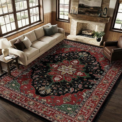 RELEANY Area Rugs 9'x12' Washable Non-Slip, Floral Vintage Distress Print Pattern Medallion Carpet for Living Room Bedroom Dining Room, Red Black