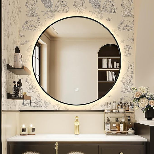 Niccy 32" LED Backlit Round Mirror for Bathroom, Black Framed Vanity Light Wall Mirror, LED Smart Circle Mirrors with 3 Lighting Colors, Round Lighted Mirror with Anti-Fog, IP65 Waterproof