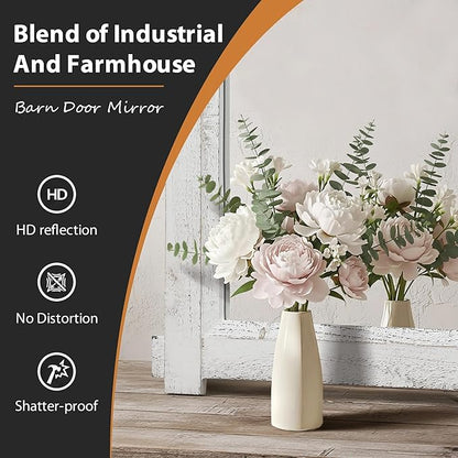Besdomus Large Bathroom Farmhouse Mirror: 42"x28" White Barn Door Farmhouse Solid Cedar Wood Frame - Rustic Wall Decorative Mirror for Entryway/Living Room/Bathroom Redo - Home Decor for Housewife