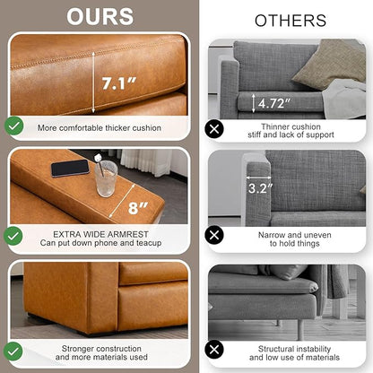 ELUCHANG 85" Faux Leather Sofa Couches, 3 Seater Mid-Century Modern Sofa with Extra Deep Seats, Upholstered Cushion&Removable Cover, Comfy Couch for Small Space Living Room Apartment, Brown
