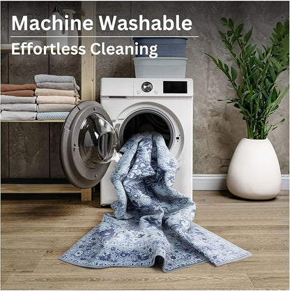Bloom Rugs Washable Non-Slip 7 ft Runner - Gray/Blue Traditional Medallion Runner for Entryway, Hallway, Bathroom, and Kitchen - Exact Size: 2.5' x 7'