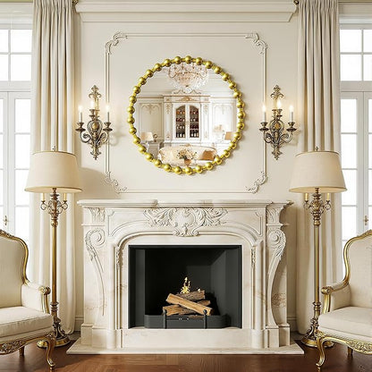 Round Vanity Mirror for Wall, 24 Inch Beaded Frame Circle Mirror for Bathroom, Bedroom Dresser, Entryway, Living Room, Decorative Hanging Wall Mirror, Gold