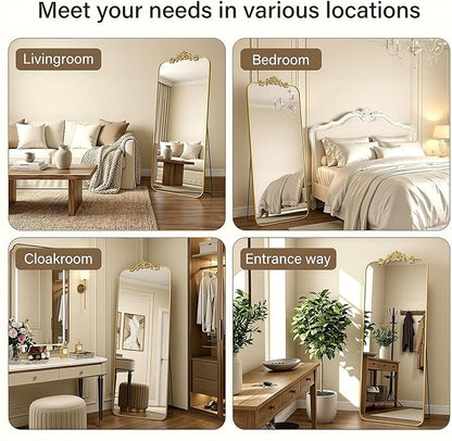 Antok Arched Full Length Mirror, 81"x41" Floor Mirror with Carved, Full Body Mirrors for HomeDecor, Standing/Halling Large Wall Mirror for Bedroom, Living Room, Cloakroom, Black, Ornate Style