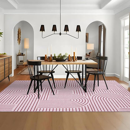 ROYHOME Washable Rug 8x10 Area Rugs for Living Room, Abstract Rug for Bedroom, Soft Rainbow Non Slip Throw Rugs with Rubber Back, Low Pile Stain Resistant Boho Geometric Carpet for Dining Room, Pink