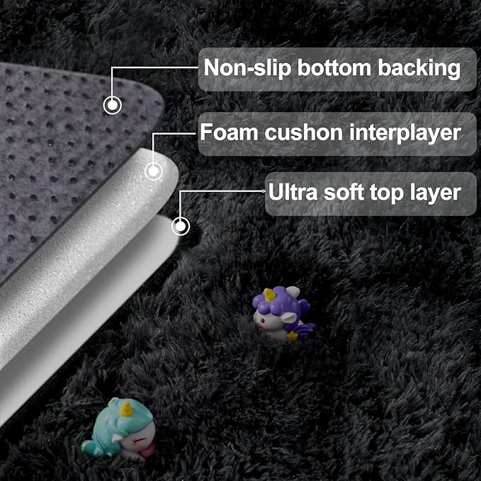 qulint 5x7 Area Rug for Living Room, Soft Shag Fluffy Rug for Bedroom Plush Large Carpet for Nursery, Shaggy Fuzzy Modern Carpet for Boys and Girls Dorm Home Decor (5ft x 7ft, Tie-Dyed Black Grey)