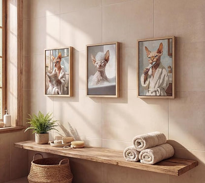 3pcs Funny Bathroom Cat Canvas Wall Art Sphynx Cat Posters Prints Paintings Eclectic Animal Bathroom Wall Decor Pictures for Restroom Toilet Home Decoration Unframed