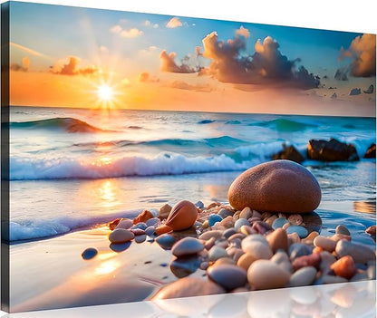 TutuBeer 1 Panel Beach Pictures Wall art Beach Pictures Blue Sea Sunset White Ocean with Stone Print on Canvas Ocean Picture Wall Decor for Home Decor Decoration Ready to Hang 30x40inch