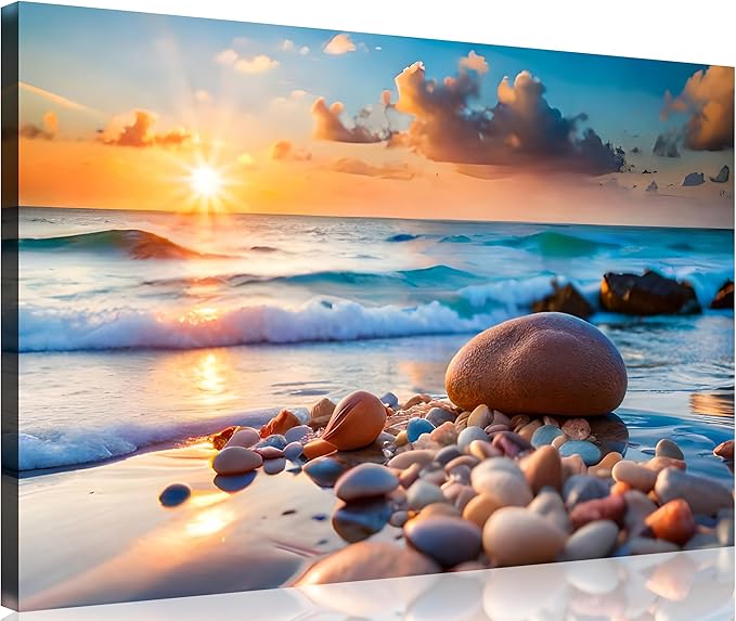 TutuBeer 1 Panel Beach Pictures Wall art Beach Pictures Blue Sea Sunset White Ocean with Stone Print on Canvas Ocean Picture Wall Decor for Home Decor Decoration Ready to Hang 20x30inch