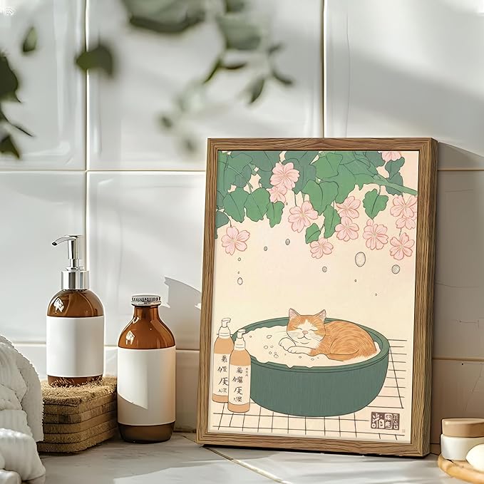 Japanese Cat Bathroom Wall Art Set of 3, Funny Cat in Bathtub Canvas Wall Decor Paintings, Vintage Japandi Cute Animal Aesthetic Poster Prints Pictures for Restroom Bathroom 12x16 Inch Framed