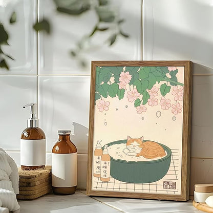 Japanese Cat Bathroom Wall Art Set of 3, Funny Cat in Bathtub Canvas Wall Decor Paintings, Vintage Japandi Cute Animal Aesthetic Poster Prints Pictures for Restroom Bathroom 12x16 Inch Framed