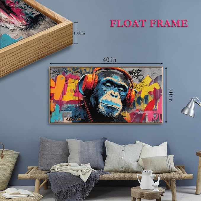 Sorbrozo DJ Gorilla with Headphones - Vibrant Street Graffiti Canvas Wall Art Colorful Animal Painting for Boys Room Music Themed Home Decor 20x40in