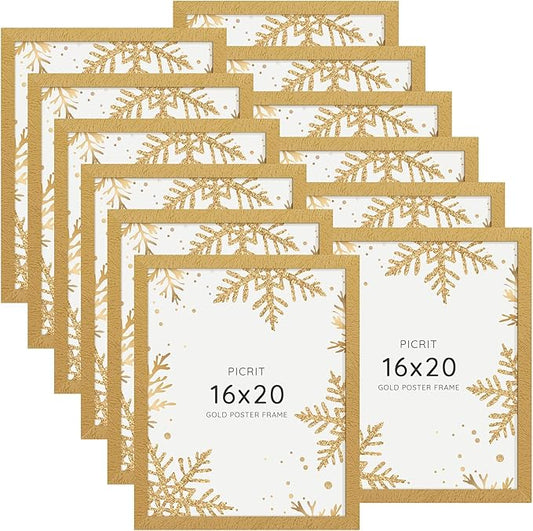 Picrit 16x20 Picture Frame Set of 12, Display Photos 11 x 14 with Mat or 16 x 20 without Mat, Wall Gallery Poster Frames Display for Home Decor, Gold