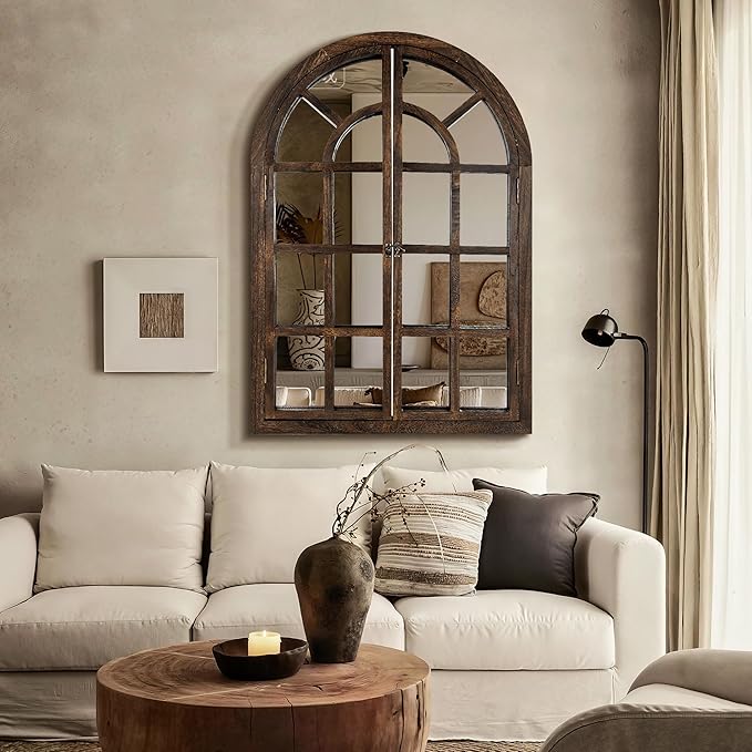 Arched Wall Mirror with Wood Window Frame, 40x28 Vintage Rustic Farmhouse Mirror for Wall, Living Room, Bedroom, Entryway(Brown)