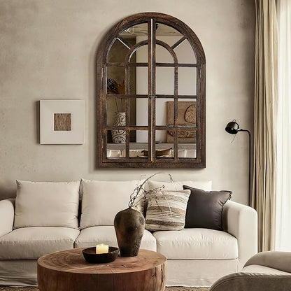 Arched Wall Mirror with Wood Window Frame, 40x28 Vintage Rustic Farmhouse Mirror for Wall, Living Room, Bedroom, Entryway(Brown)