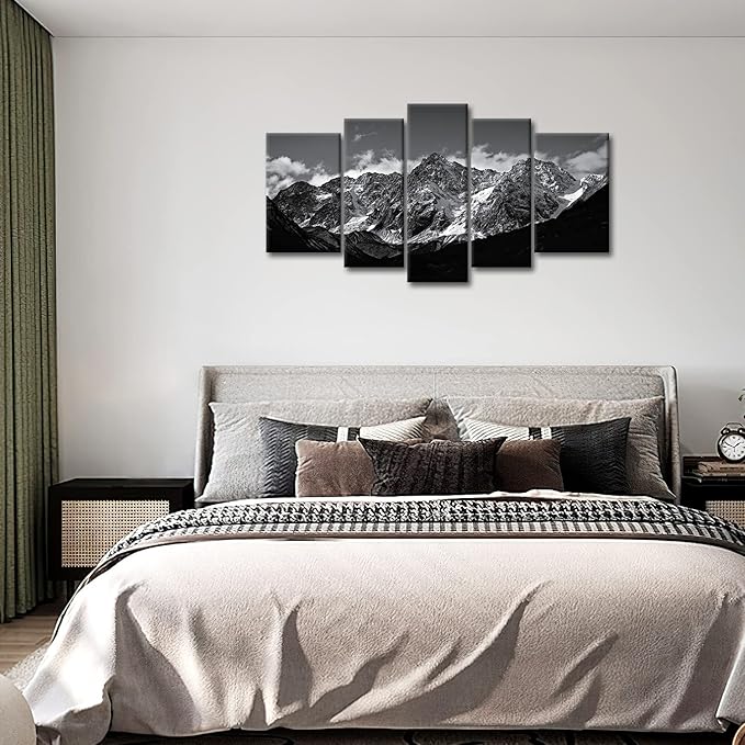 Canvas Wall Art Mountain Black and White Snow Mountain Landscape Picture 5 Pieces Prints On Canvas Modern Giclee Framed Artwork The Pictures for Home Living Room Decor