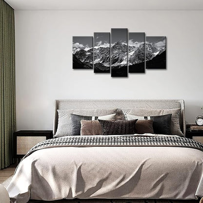 Canvas Wall Art Mountain Black and White Snow Mountain Landscape Picture 5 Pieces Prints On Canvas Modern Giclee Framed Artwork The Pictures for Home Living Room Decor