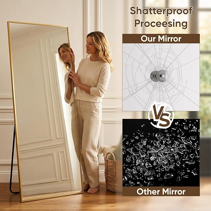 Antok 71''x32'' Full Length Mirror, Shatterproof HD Oversized Floor Mirror with Stand, Aluminum Alloy Frame Leaning Standing or Wall Mounted Mirror for Bedroom Living Room Entryway, Gold