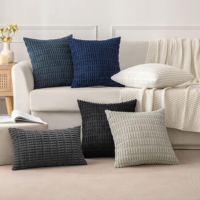 MIULEE Pack of 2 Corduroy Decorative Throw Pillow Covers 16x16 Inch Soft Boho Striped Pillow Covers Modern Farmhouse Home Decor for Halloween Sofa Living Room Couch Bed Black