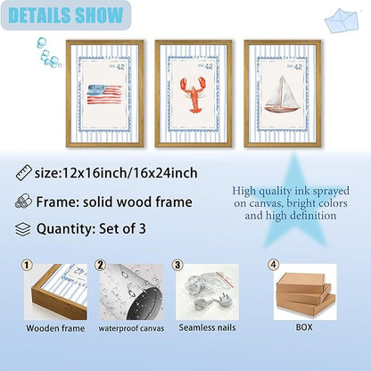 Wood Framed Blue Beach Stamp Set of 3 Canvas Poster Coastal Granddaughter Room Wall Art Decor Vintage Preppy Aesthetic Prints Artwork for Girly Dorm Apartment Ocean Home Decoration 12x16 Inch