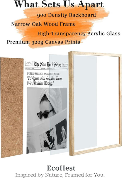 EcoHest Small Trendy Newspaper Framed Wall Art, 8x10 in OAK Wood Cool Girl Canvas Art, Magazine Bar Cart Print College Dorm Decor, Beige Logs Set of 1 for Bedroom Living Room