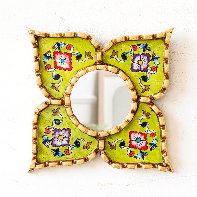 Small Green Peruvian Mirrors for wall Holiday – Diamond/Square Shape wall Artisan Mirror in Painted Glass with Gold Leaf Frame (Lime Green)