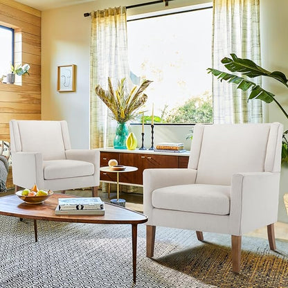 COLAMY Modern Wingback Living Room Chair, Upholstered Fabric Accent Armchair, Single Sofa Chair with Lounge Seat and Wood Legs for Office/Bedroom/Reading Spaces, Beige