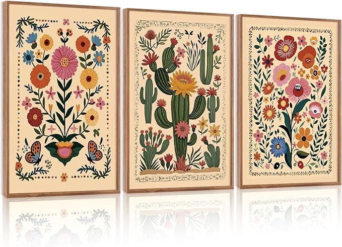 HLNIUC Vintage Flower Wall Art Canvas,Desert Plant Wall Art,Flower Butterfly Artwork,Retro Floral Painting,Cactus Painting,Botanical Framed Decor,William Morris Prints for Living Room Bedroom- 24x36x3