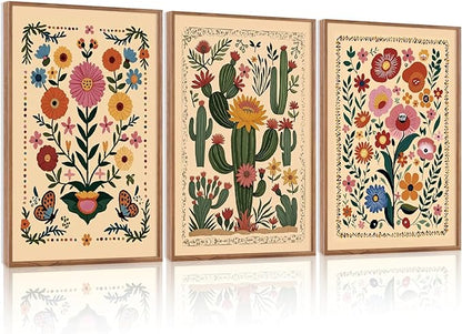 HLNIUC Vintage Flower Wall Art Canvas,Desert Plant Wall Art,Flower Butterfly Artwork,Retro Floral Painting,Cactus Painting,Botanical Framed Decor,William Morris Prints for Living Room Bedroom- 24x36x3