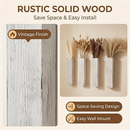 4-Piece Wooden Hanging Wall Vase Set with Pampas Grass and Eucalyptus Dried Flowers, Modern Farmhouse Home Decor for Living Room Entryway Bathroom Hallway Dining Room（Vintage White）
