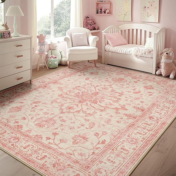 RELEANY Area Rugs 5'x7' Washable Non-Slip, Floral Vintage Distress Print Pattern Medallion Carpet for Living Room Bedroom Dining Room, Pink Light Vintage Pink