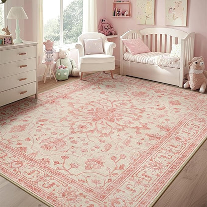 RELEANY Area Rugs 5'x7' Washable Non-Slip, Floral Vintage Distress Print Pattern Medallion Carpet for Living Room Bedroom Dining Room, Pink Light Vintage Pink