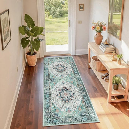 RELEANY Area Rugs 2'x6' Runner Rug Non Slip Washable for Kitchen Hallway Bedroom Beside Laundry Room Bathroom Rug, Floor Carpet, Green Navy Blue White Red Teal Colorful