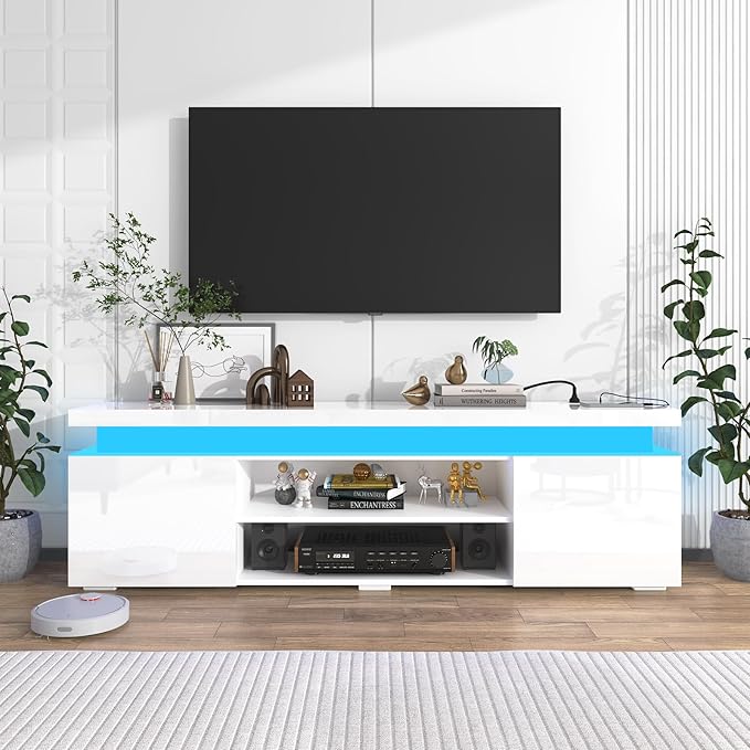 LED TV Stand for 75 Inch TV, Modern TV Stand with Power Outlet, High Gloss TV Console Entertainment Center with Storage and LED Lights for Living Room, Bedroom (66 Inch, White)