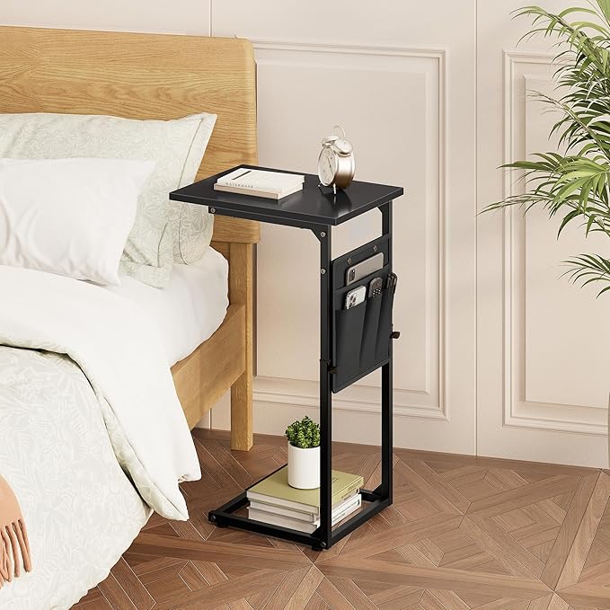 Vagusicc C-Shaped End Table, Small Side Table for Couch, Sofa Table Adjustable Height End Tables Living Room, Bedside Slide Under Couch Table for Sofa, TV Tray Table with Metal Frame for Bedroom,Black