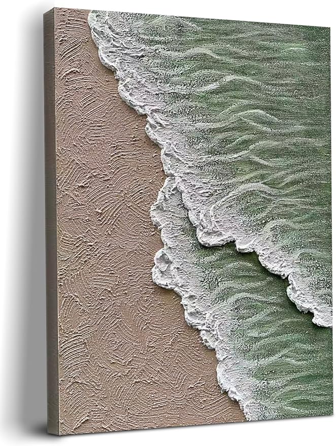 NANKAI Art Hand-painted white and green thick texture abstract oil painting Waves beach landscape oil painting home wall decoration art 40x28 Inches