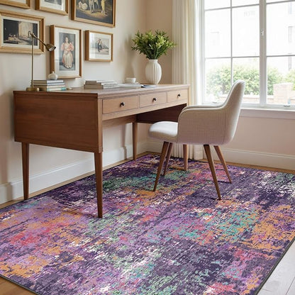 RELEANY Washable Area Rugs 6'x8' Non-Slip Modern Abstract Soft for Living Room Entryway Bedroom Nursery, Print Pattern, Purple Orange Blue Green Rust Red Colorful