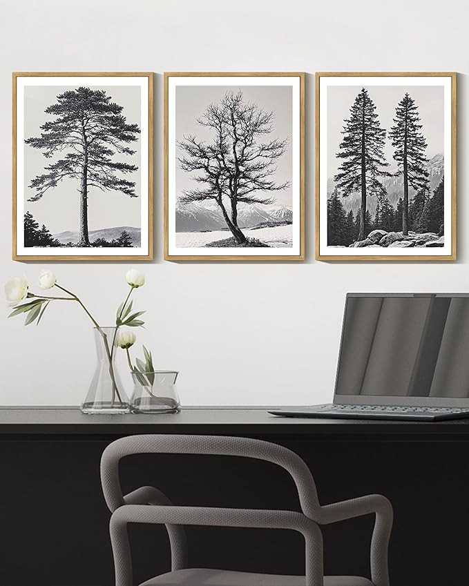Drsoum Vintage Black Gray Tree Wall Art Framed Antique Retro Forest Prints Modern Rustic Artwork Bedroom Farmhouse Ready to Hang 12x16in Natural Framed