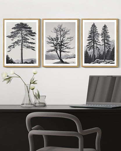 Drsoum Vintage Black Gray Tree Wall Art Framed Antique Retro Forest Prints Modern Rustic Artwork Bedroom Farmhouse Ready to Hang 12x16in Natural Framed