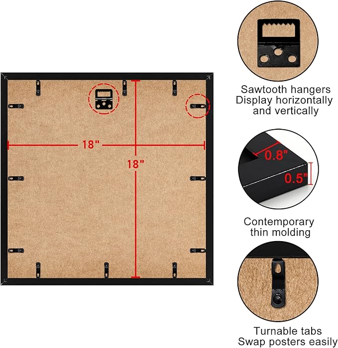 ELSKER&HOME 18x18 Frame Black, 14x14 Frame with Mat or 18x18 Picture Frame without Mat 3 Pack, Wall Mounting Include 3 Wall Art Prints