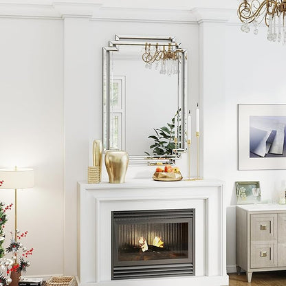 32" X 47" Large Bathroom Wall Mirror with Glass Pieces and Beveled Edge, Elegant Decorative Mirror for Wall Decor Living Room, Dining Room, Fireplace, Hang Horizontally or Vertically