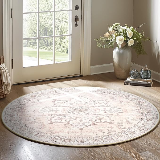 BESTSWEETIE 4ft Area Rug Washable Rugs for Living Room, No Pile Boho Carpet for Entryway Bedroom Dinning Room, Vintage Carpet Print Distressed Non-Slip, 48" Round, Pink Beige Grey