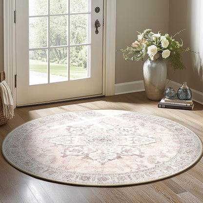 BESTSWEETIE 6ft Area Rug Washable Rugs for Living Room, No Pile Boho Carpet for Entryway Bedroom Dinning Room, Vintage Carpet Print Distressed Non-Slip, 72" Round, Pink Beige Grey