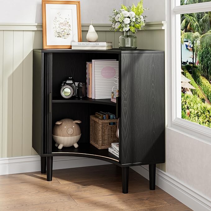 Lxsxlome Fluted Corner Cabinet, Small Corner Floor Cabinet with Sliding Doors and Adjustable Shelves, Modern Wooden Freestanding Narrow Storage Organizer for Small Space,Living Room (Black, 29.5" H)