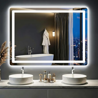 LED Bathroom Mirror with Lights - Anti-Fog, Dimmable, Backlit+Frontlit, 3 Color Light - 40"x30" Lighted Vanity Mirrors for Wall, Shatterproof Tempered Glass, Memory Function
