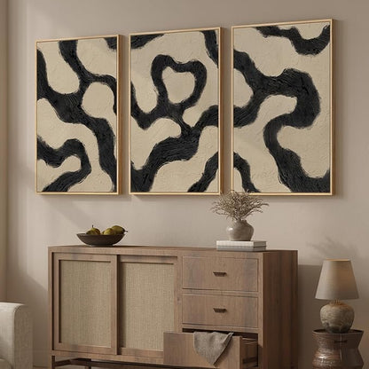 Framed Neutral Abstract Wall Art for Living Room, 3 Piece Black and Beige Mid Century Modern Painting Print, Large Line Canvas Artwork for Dining Room Bedroom Hallway Office Walls Decor, 24x36 Inch