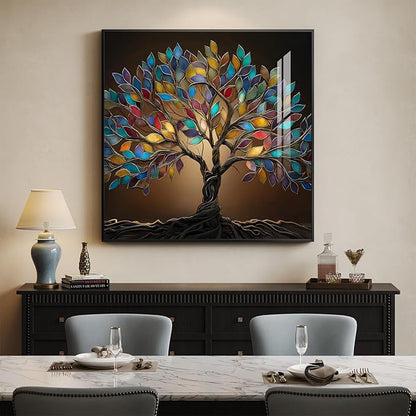 Framed Square Tree of Life Wall Art, Modern Contemporary Tree Painting Prints Artwork for Walls, Dark Colorful Elegant Picture for Living Room Bedroom Kitchen Office Dining Room Wall Decor, 30x30 In
